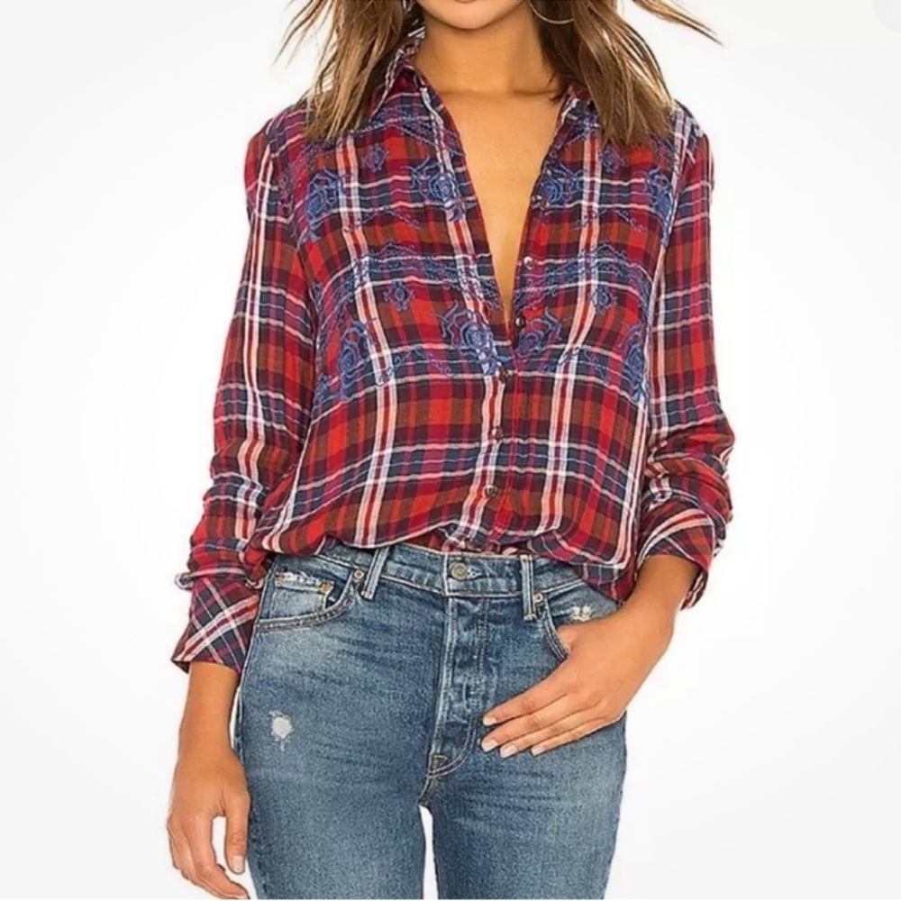 Free People Red and Blue Button Down Shirt Relaxed Style